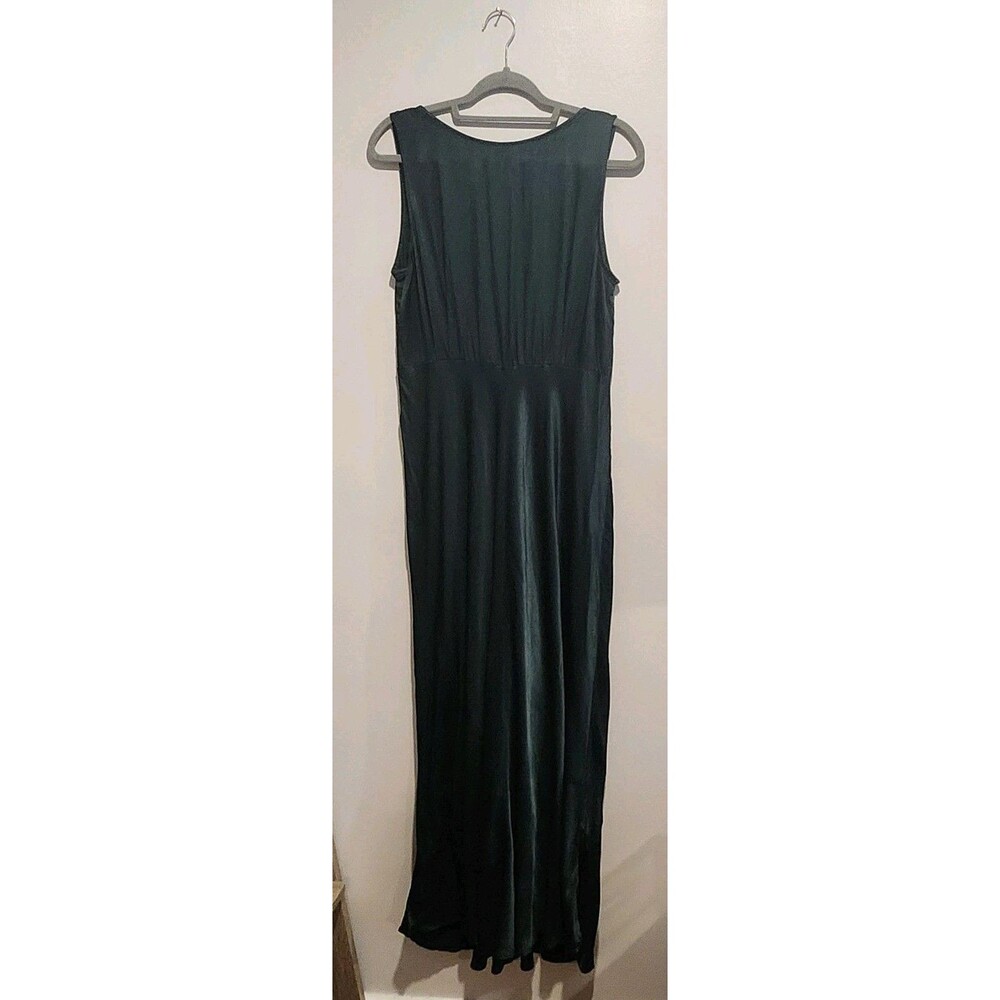 Ghost London Dark Green Satin-y Maxi Dress Sleeveless V-Back Button Detail XL